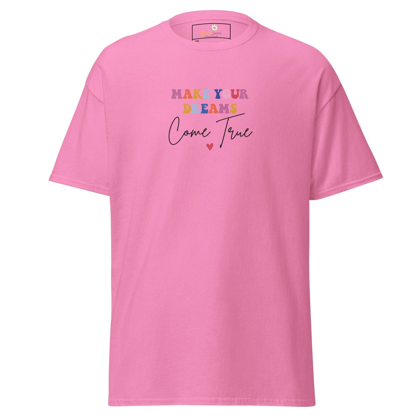 Pink t-shirt with colorful text.