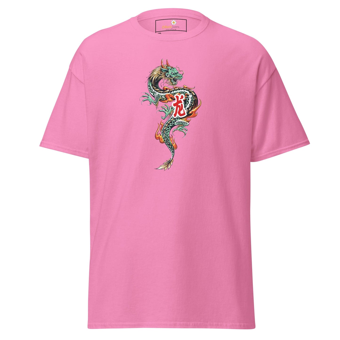 Pink t-shirt with dragon design.