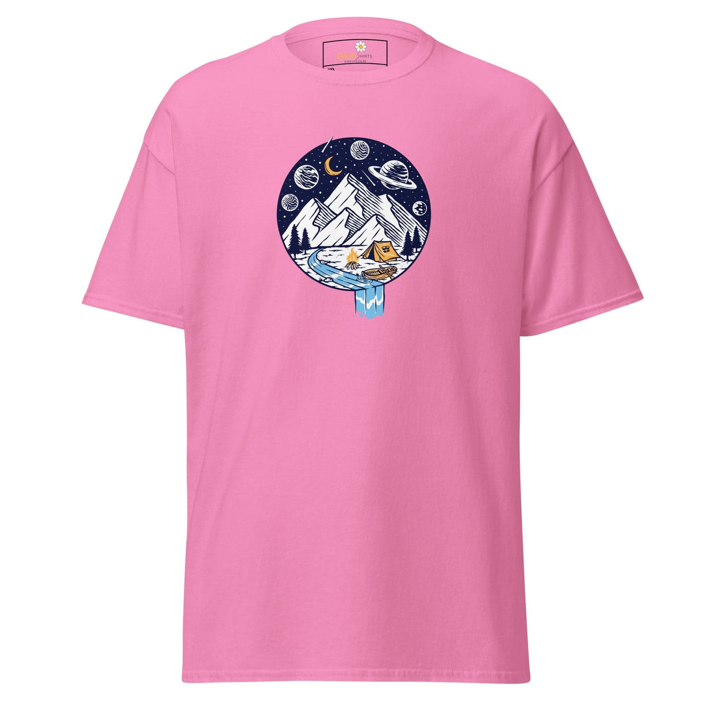 Pink t-shirt with mountain and space graphic.