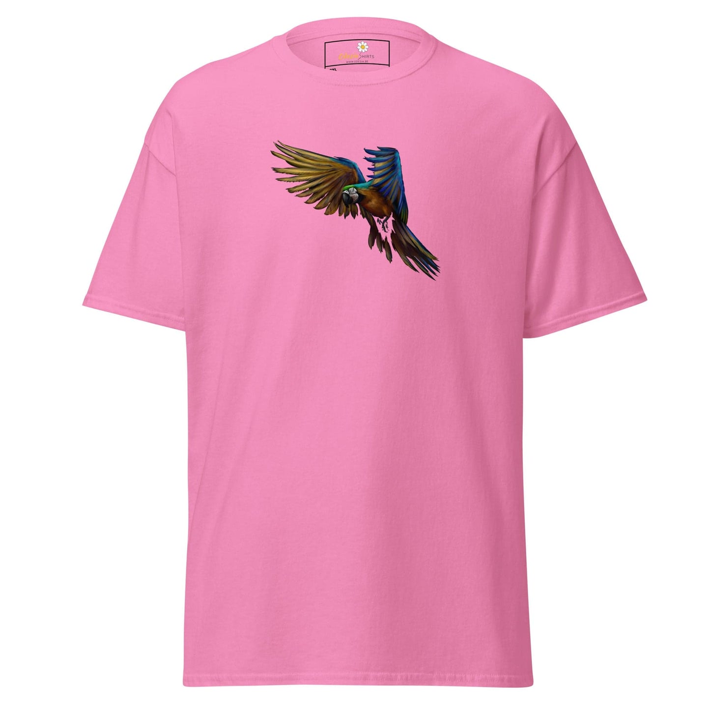 Pink T-shirt with parrot graphic for men and women in 2XL to 5XL sizes