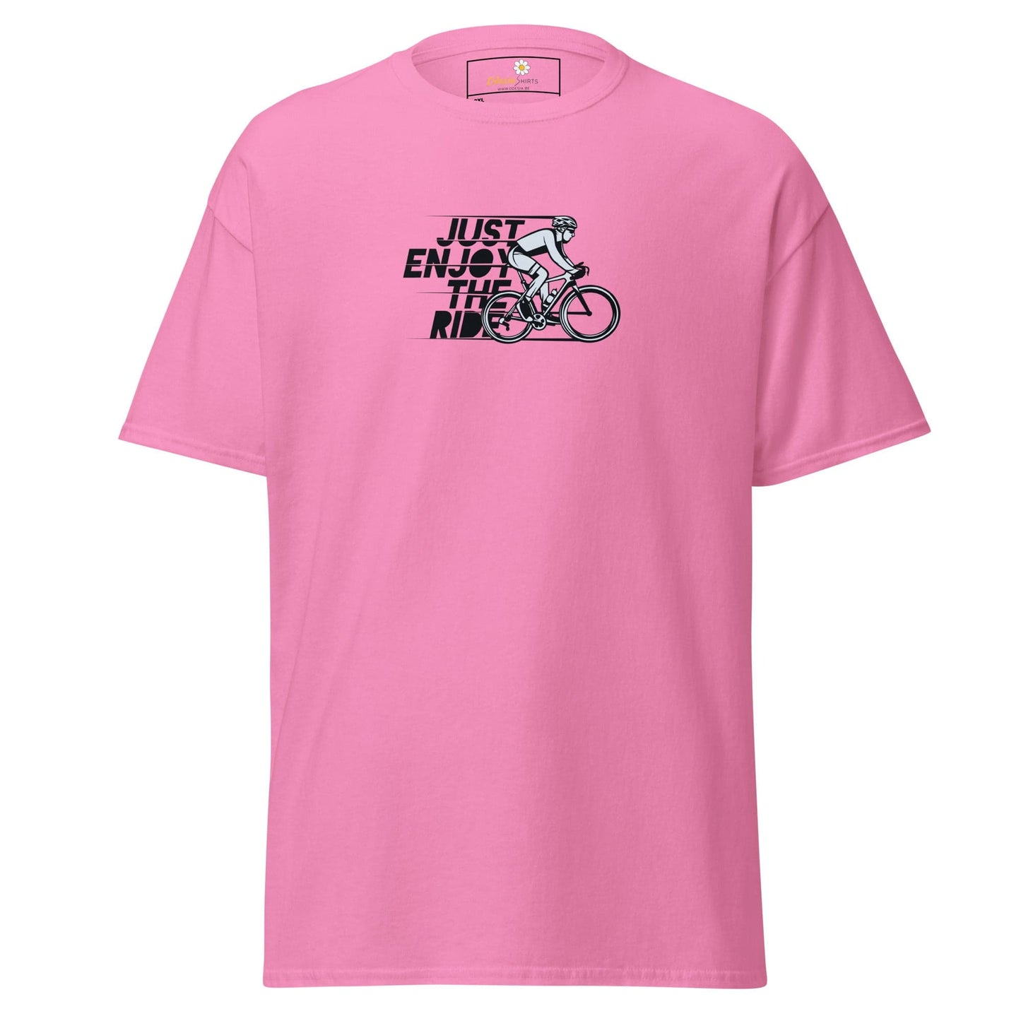 Pink T-shirt with cyclist graphic, suitable for men and women, available in 2XL to 5XL sizes
