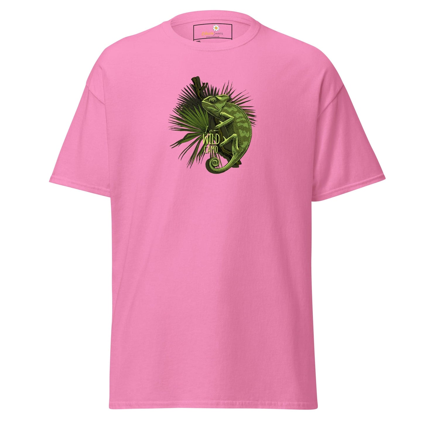 Pink t-shirt with chameleon graphic.