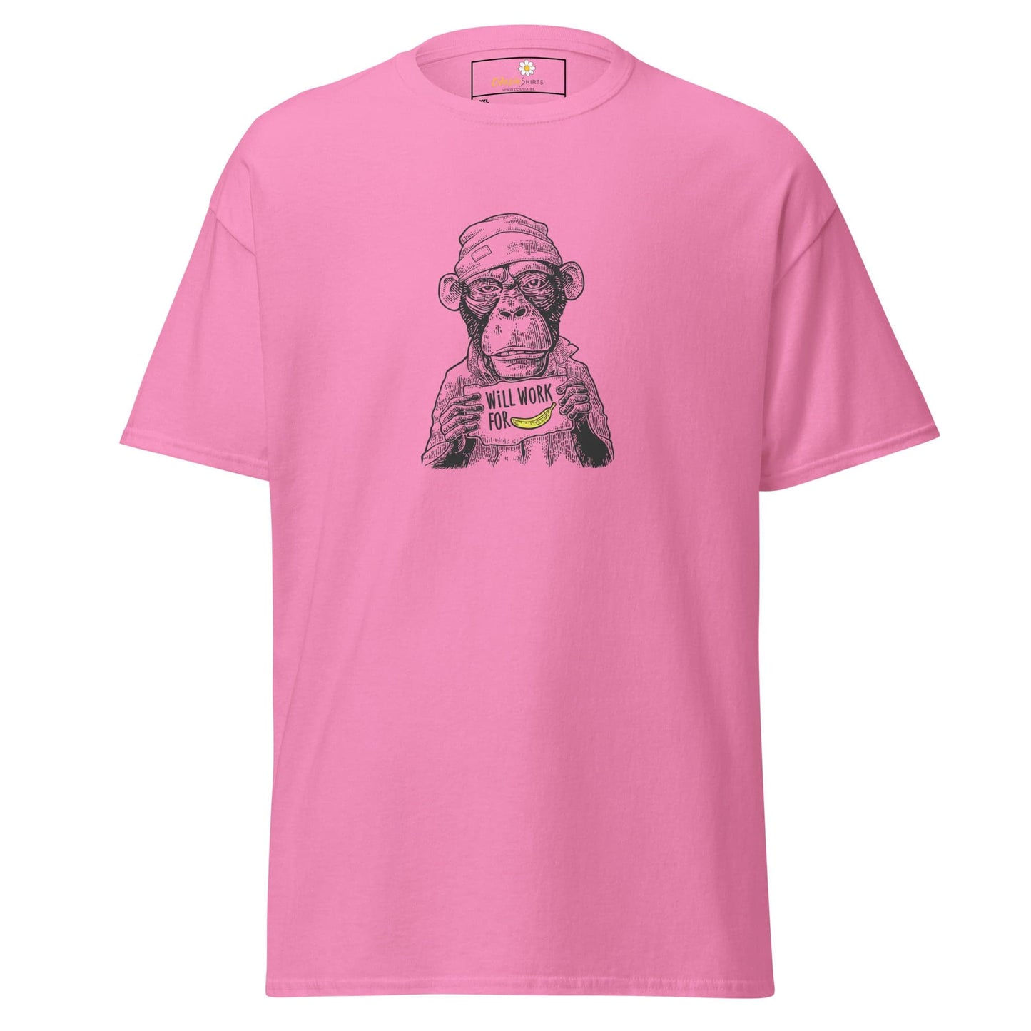 Pink T-shirt with monkey graphic for men and women in sizes 2XL to 5XL