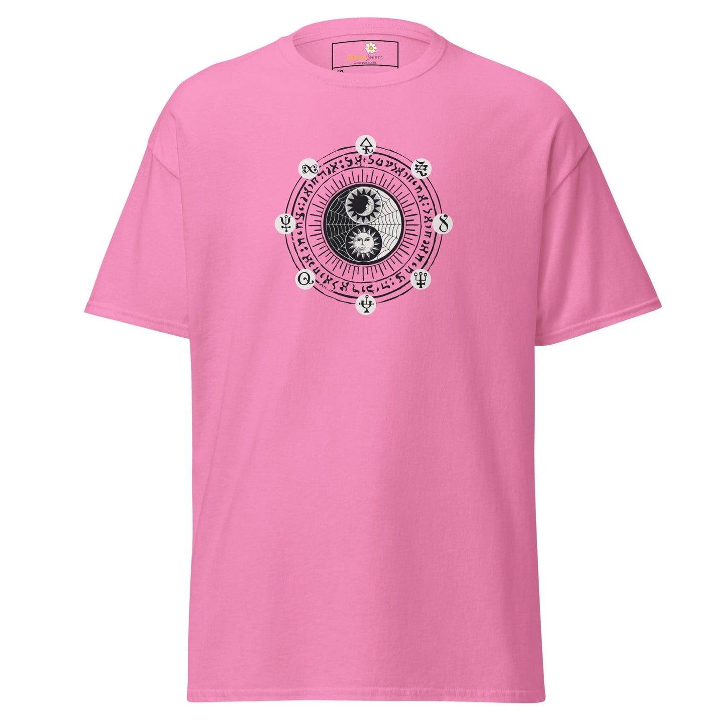 Pink t-shirt with yin-yang design.
