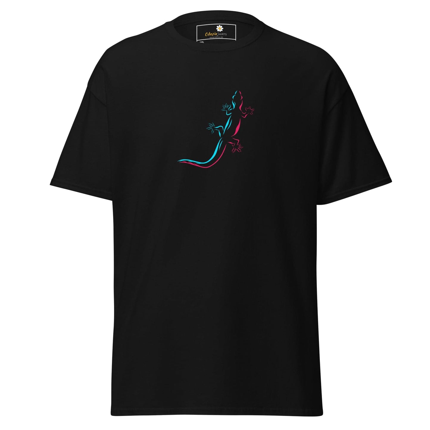 Black t-shirt with lizard design.