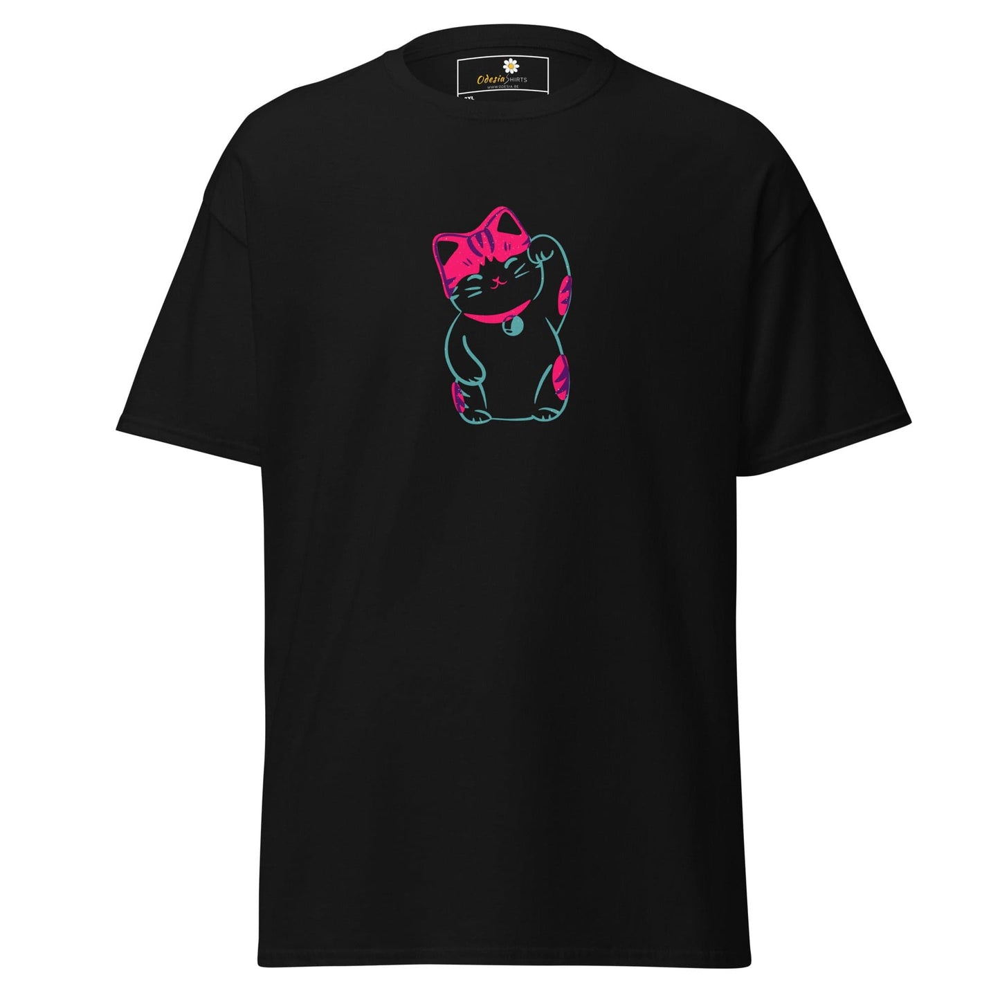 Black T-shirt with neon cat design, suitable for men and women in 2XL to 5XL sizes