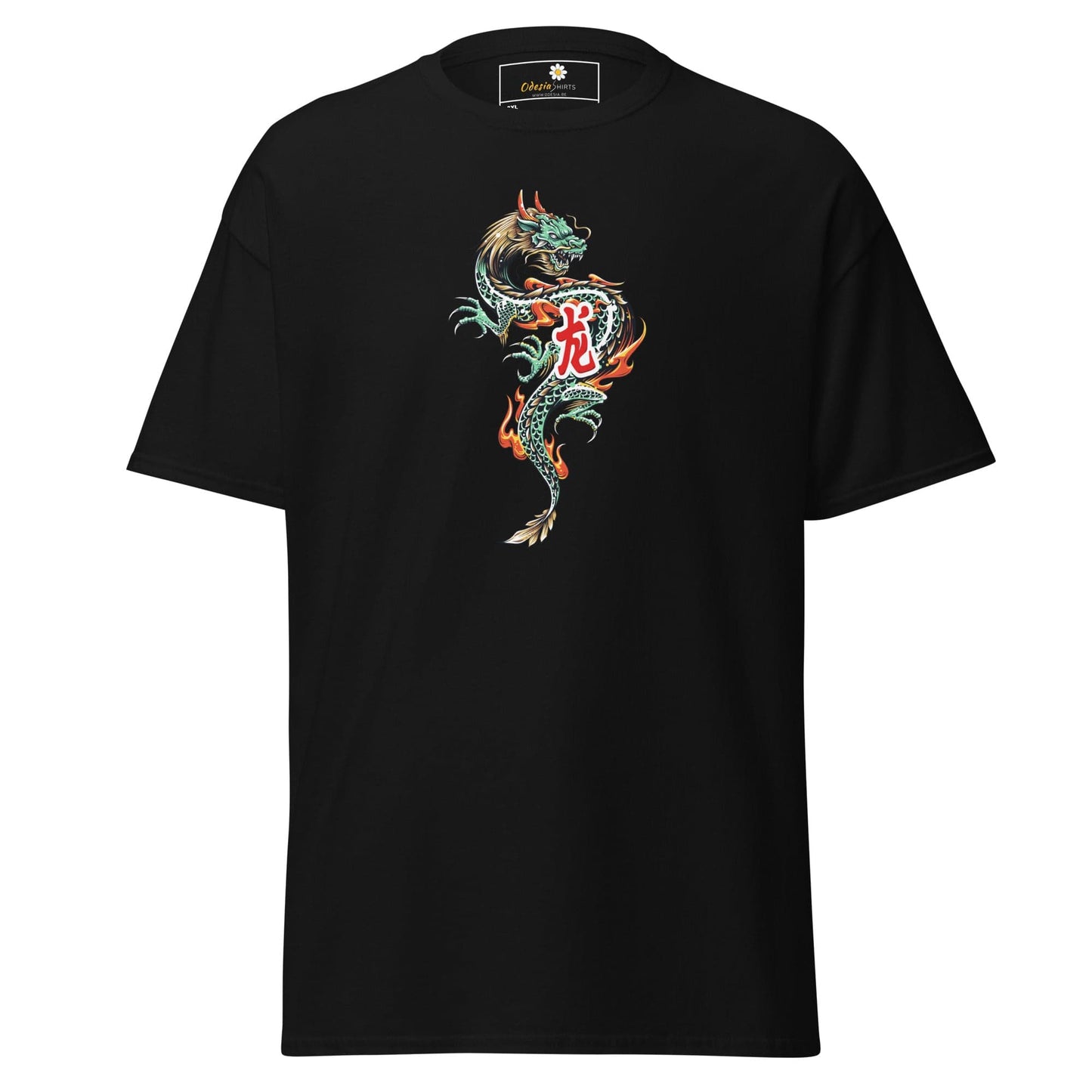 Black t-shirt with dragon design.