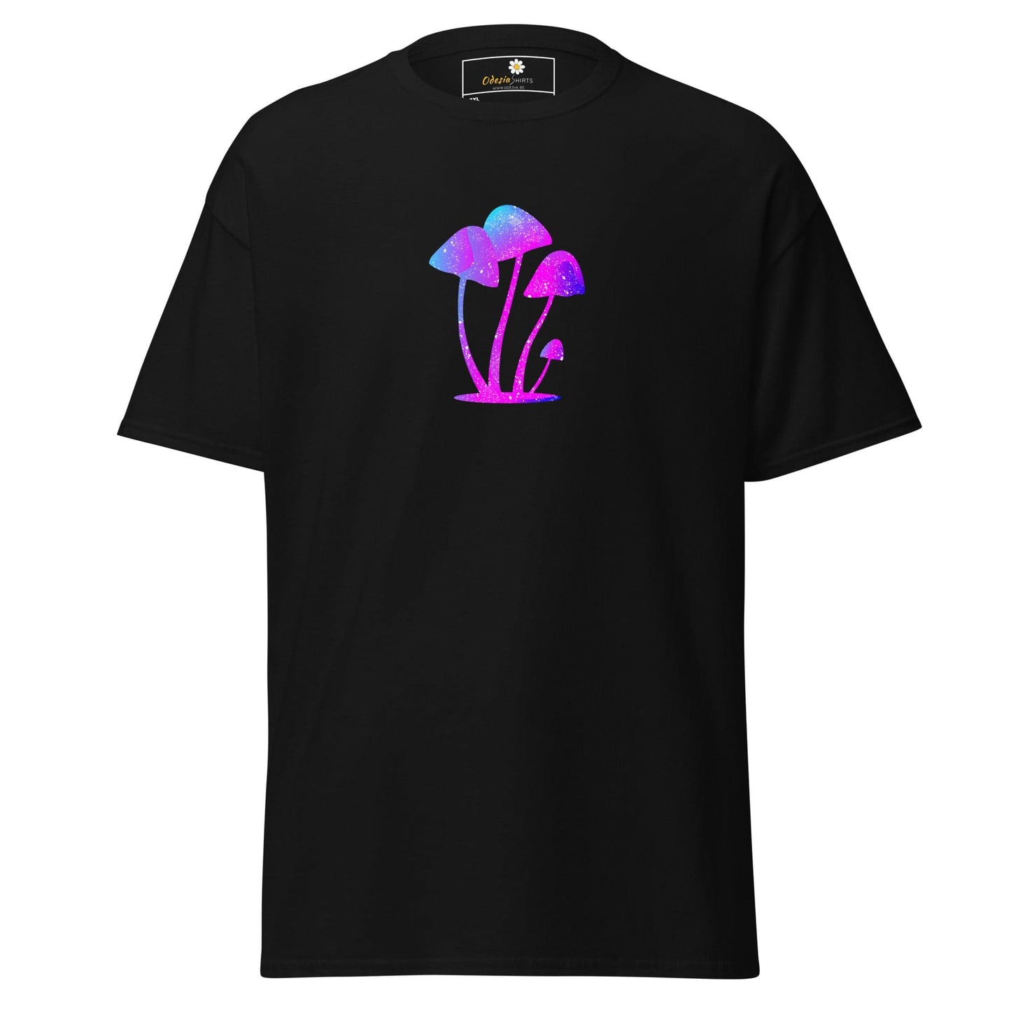 Black t-shirt with mushroom graphic.