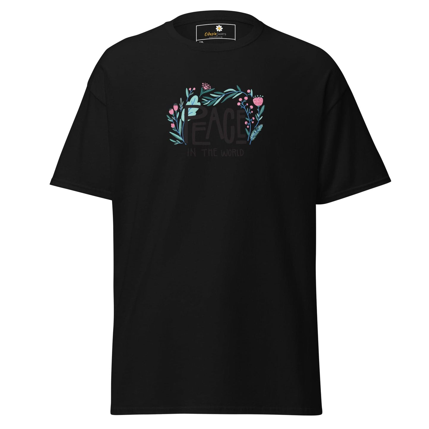 Black T-shirt with floral peace design for Men and Women in 2XL to 5XL sizes