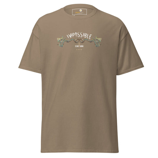 Khaki t-shirt with graphic.