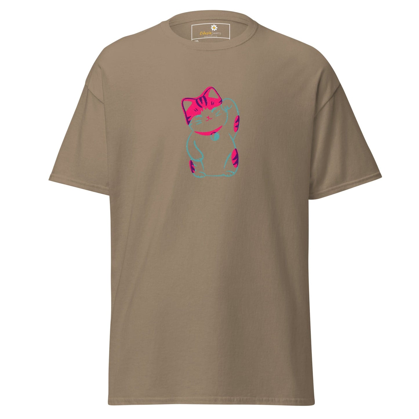 Khaki T-shirt with pink and blue cat graphic for Men and Women in sizes 2XL to 5XL