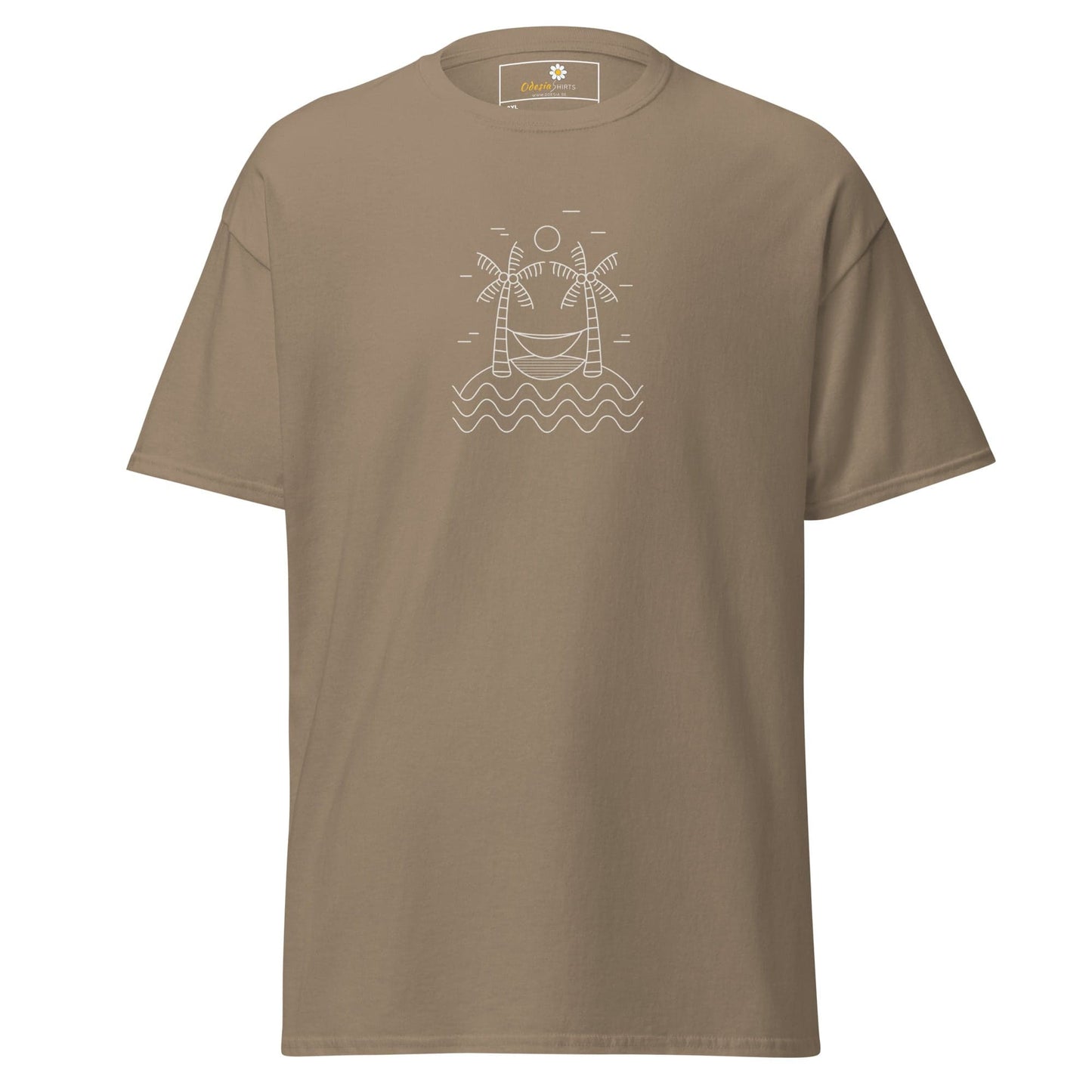 Khaki T-shirt with beach scene graphic, suitable for men and women sizes 2XL to 5XL