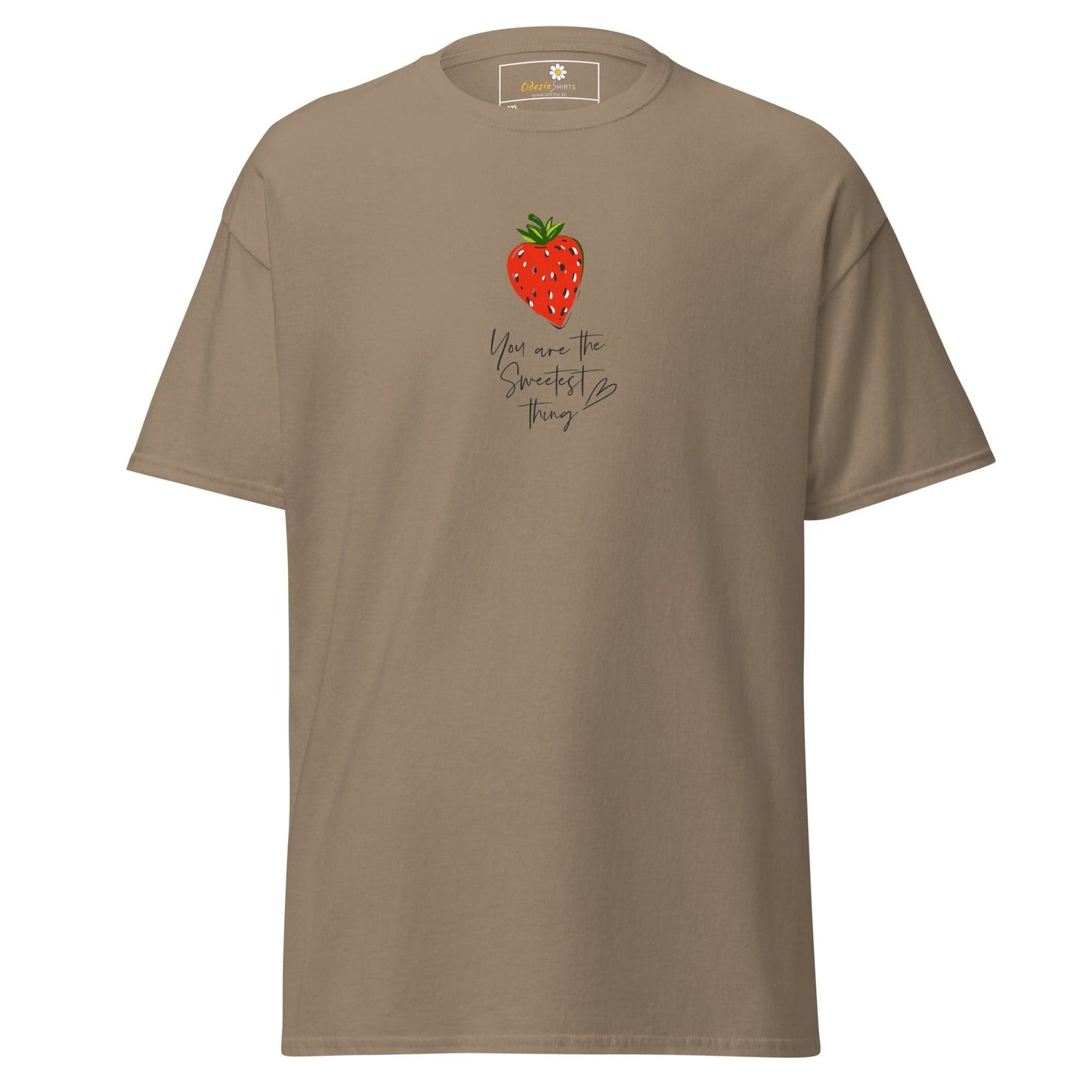 Khaki t-shirt with strawberry graphic.