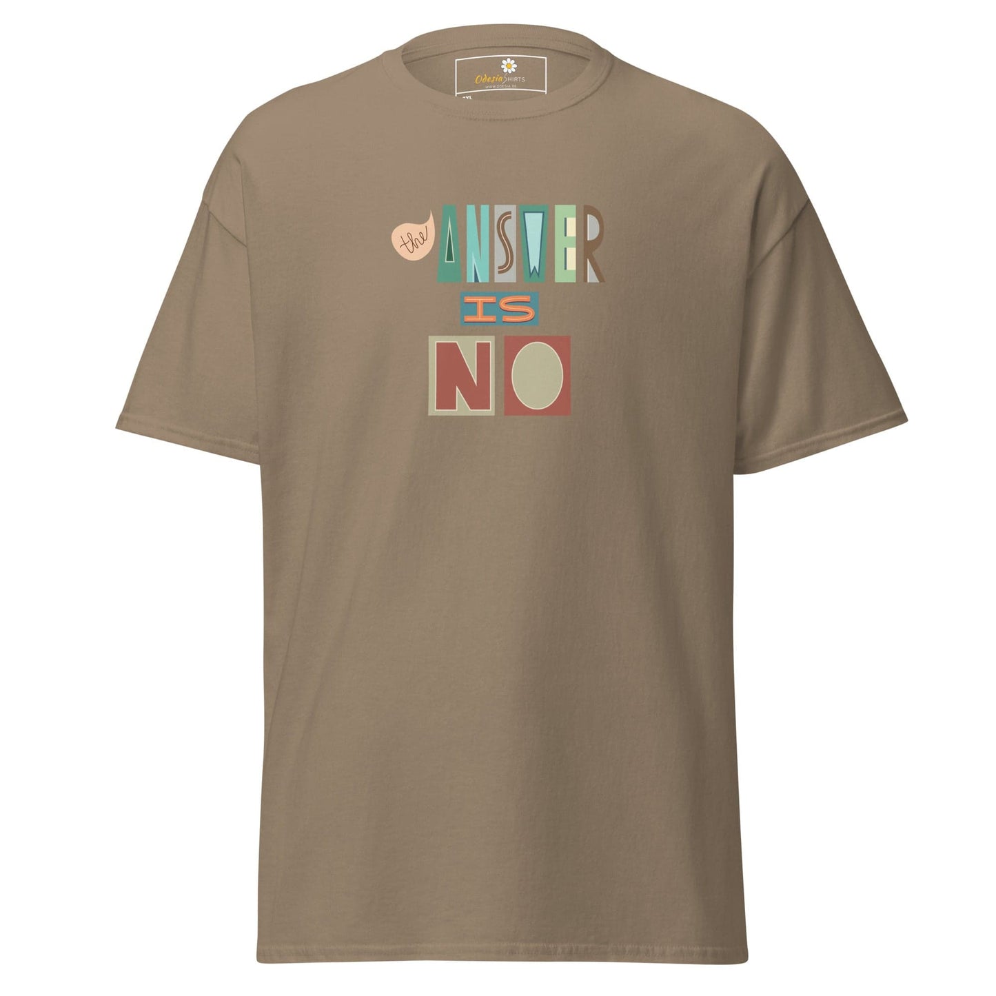 Beige t-shirt with ’The Answer is No’ graphic.