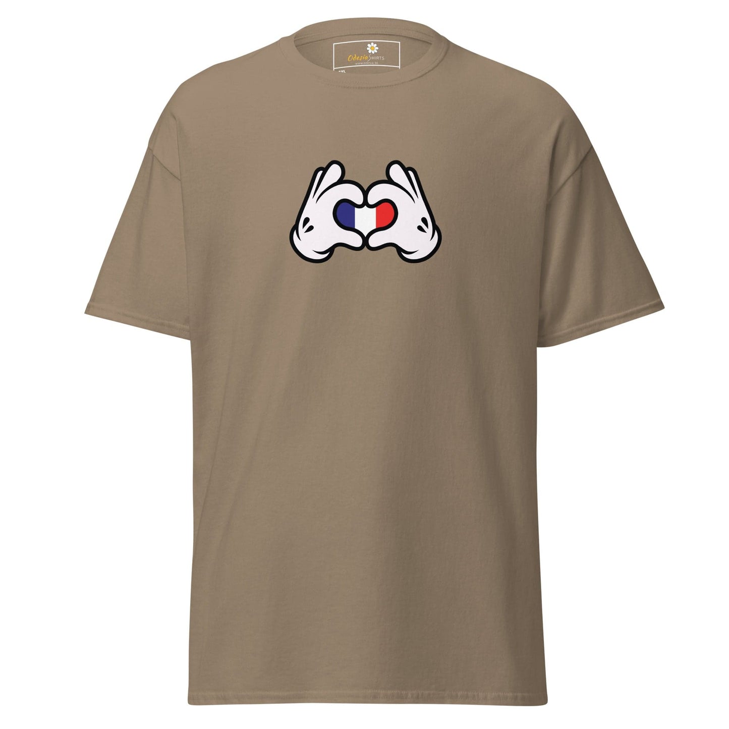 Khaki t-shirt with cartoon hands forming a heart with the French flag.