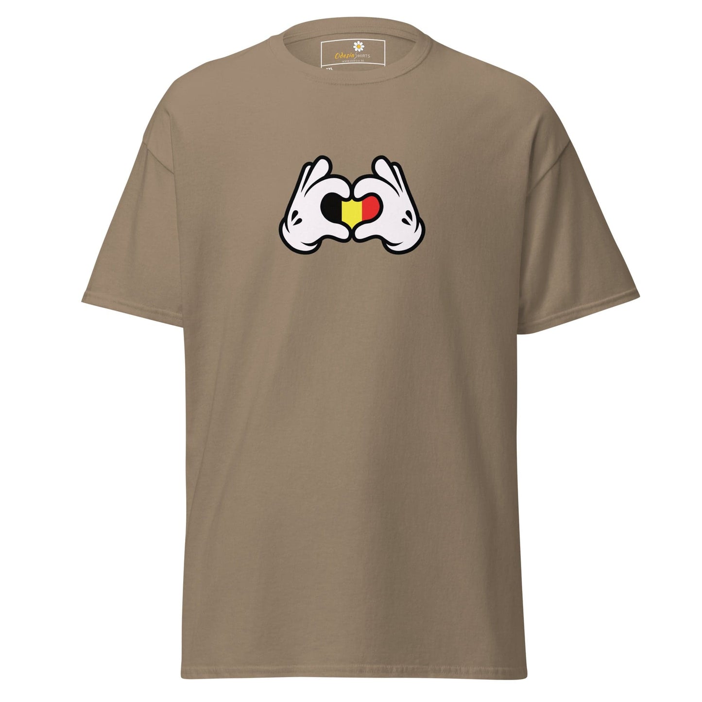 Khaki t-shirt with cartoon hands forming a heart with the Belgian flag.