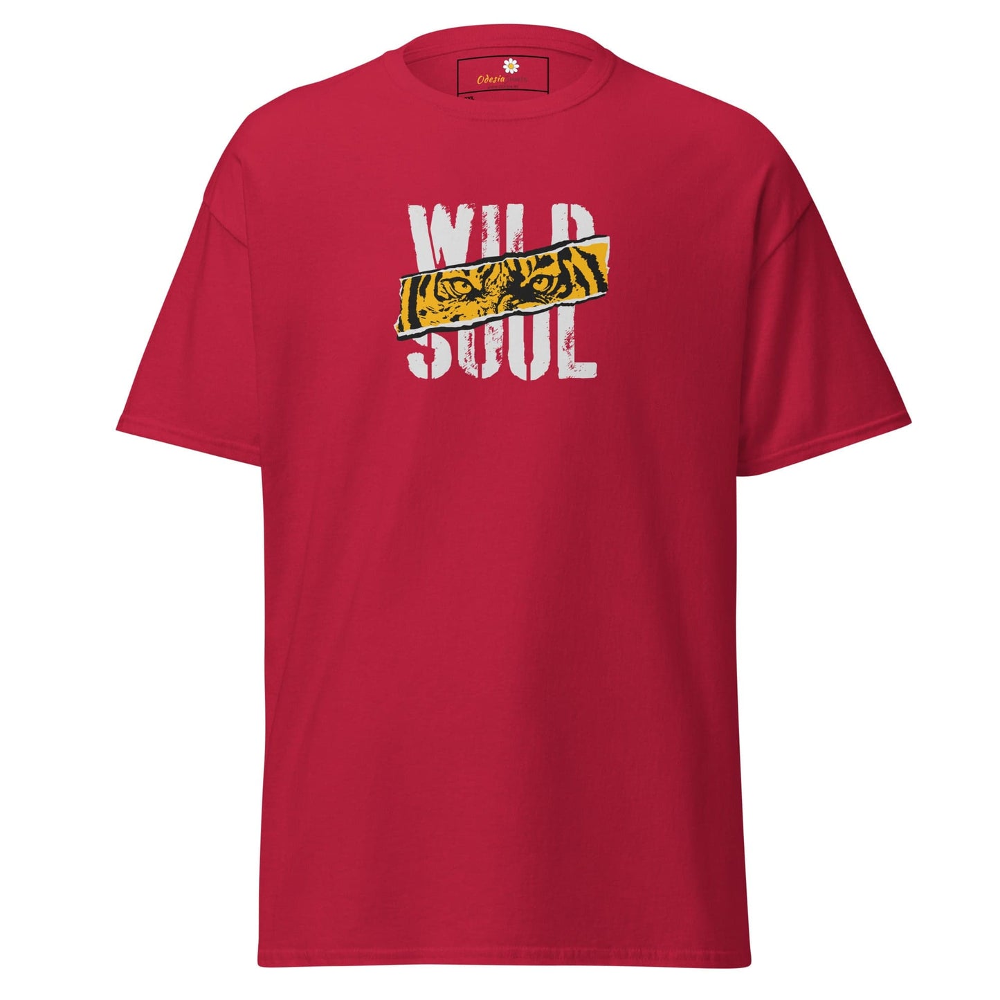 Red t-shirt with ’Wild Soul’ graphic.