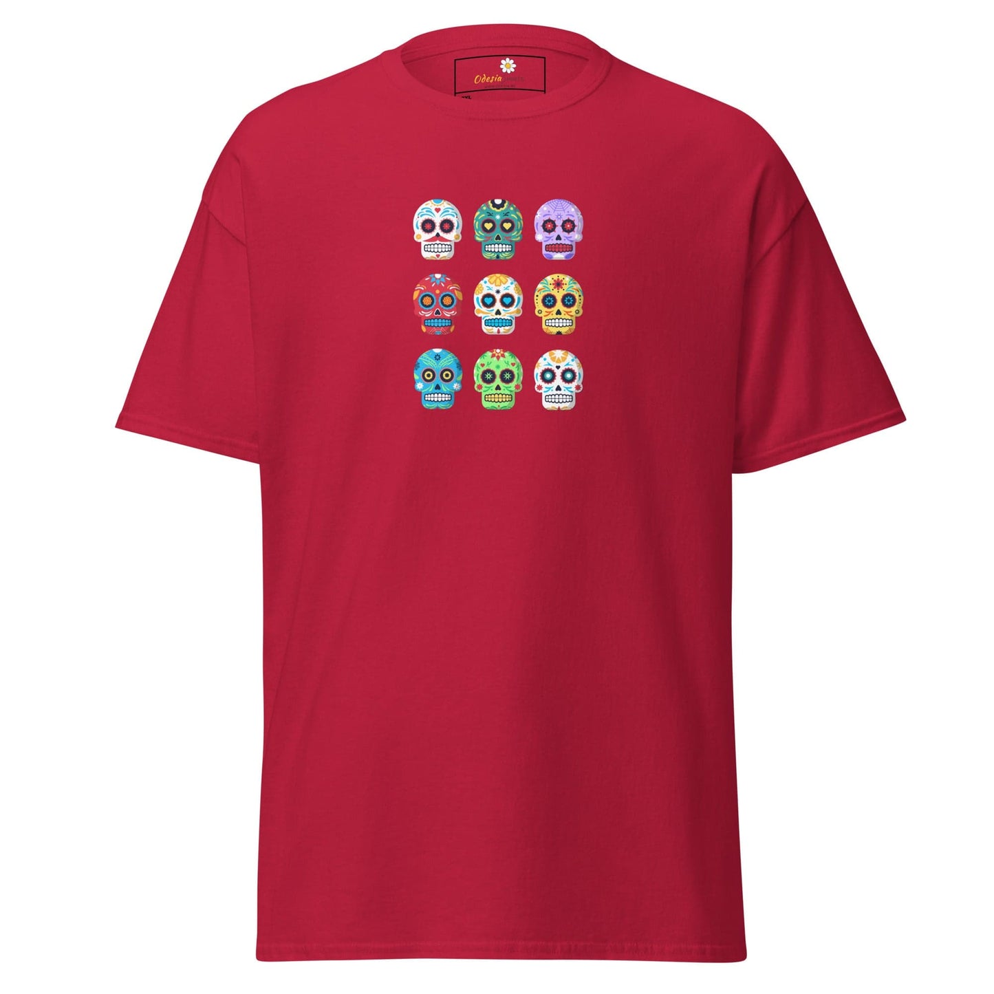 Red T-shirt with colorful sugar skull design from T-SHIRT DESIGN TEE for men and women