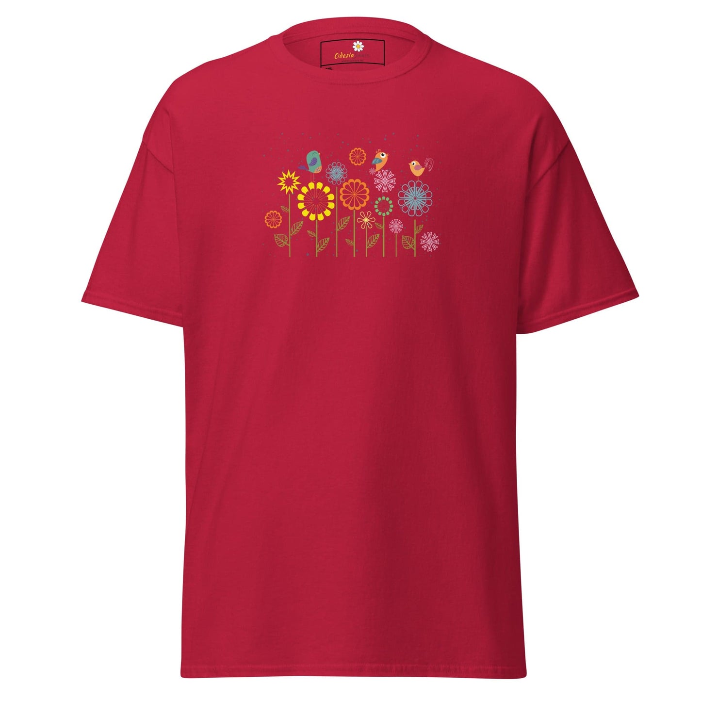 Red t-shirt with floral design.