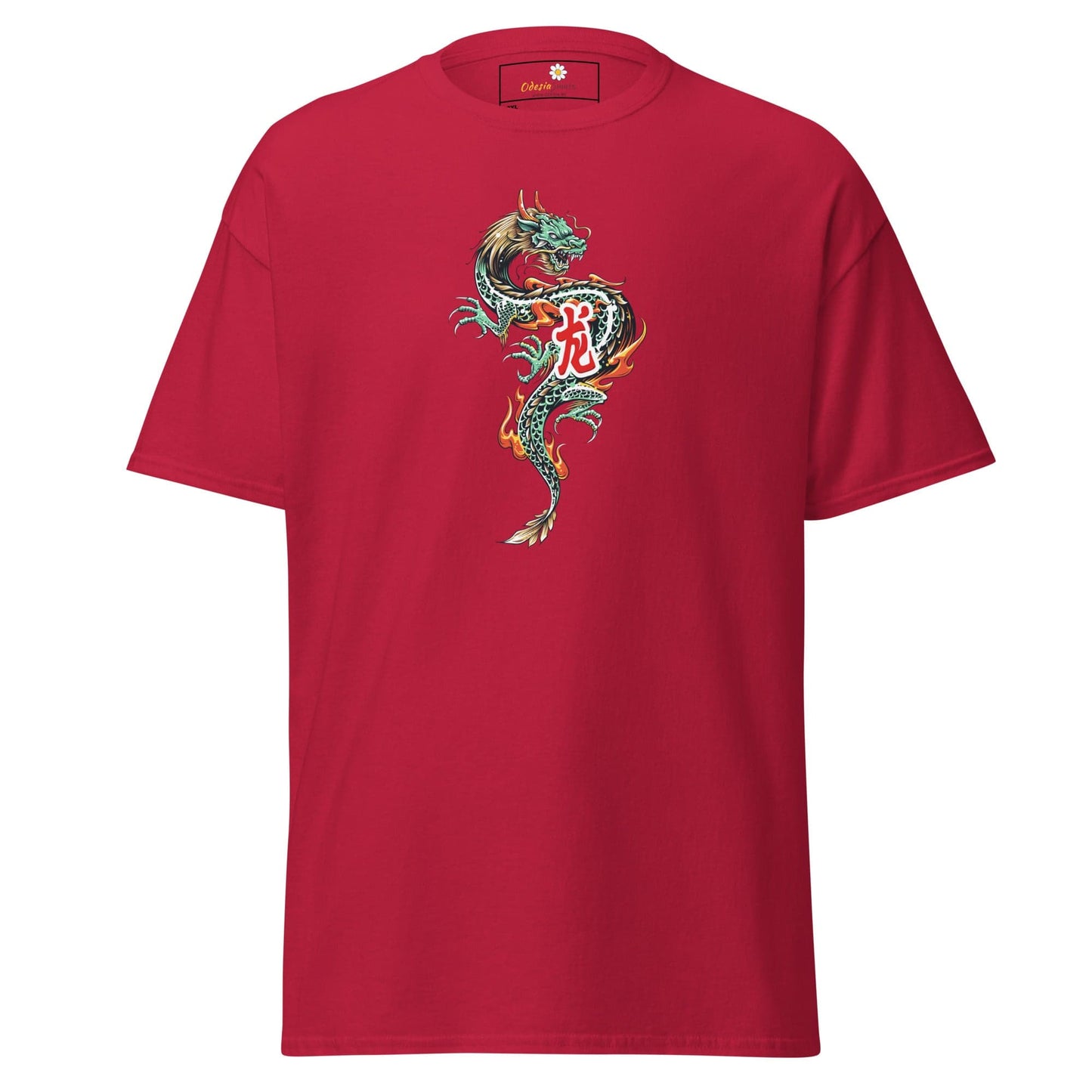 Red t-shirt with dragon design.
