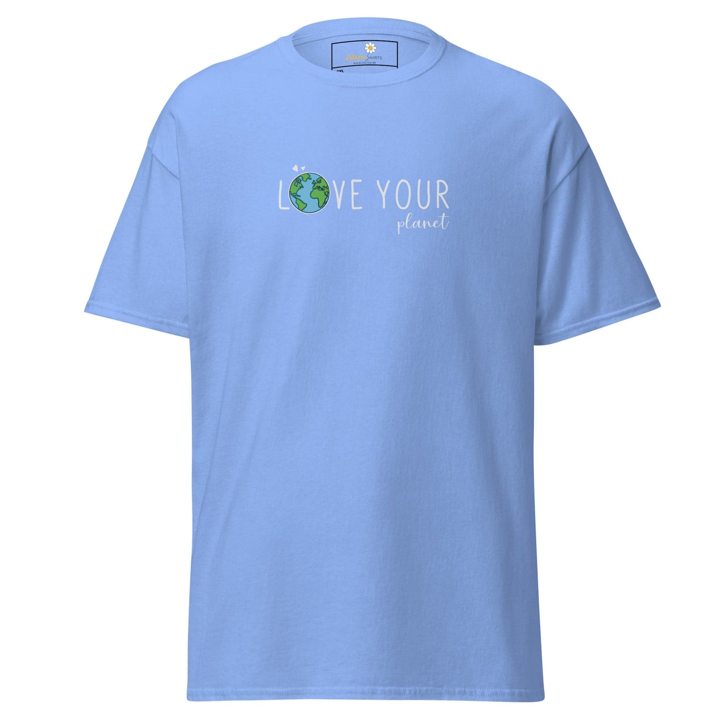 Light blue t-shirt with ’Love Your Planet’ design.