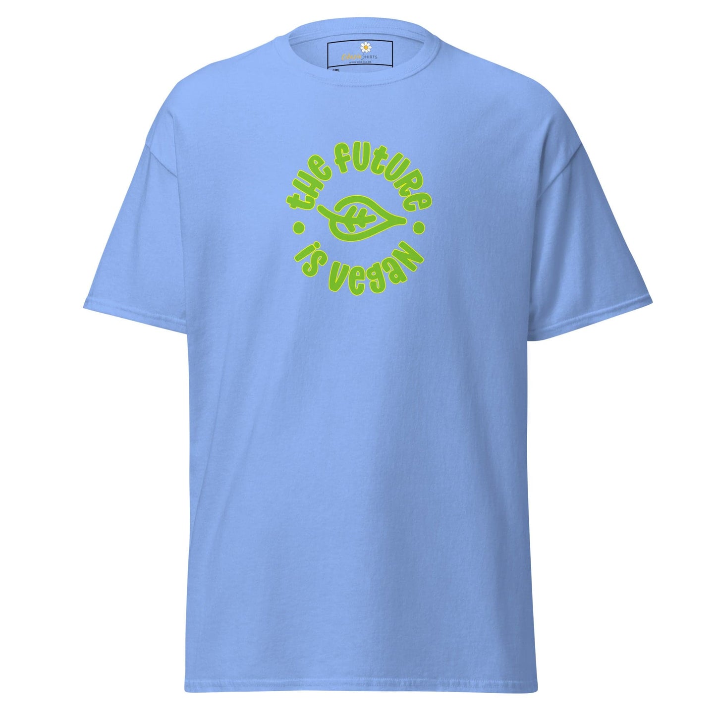 Light blue t-shirt with vegan message.