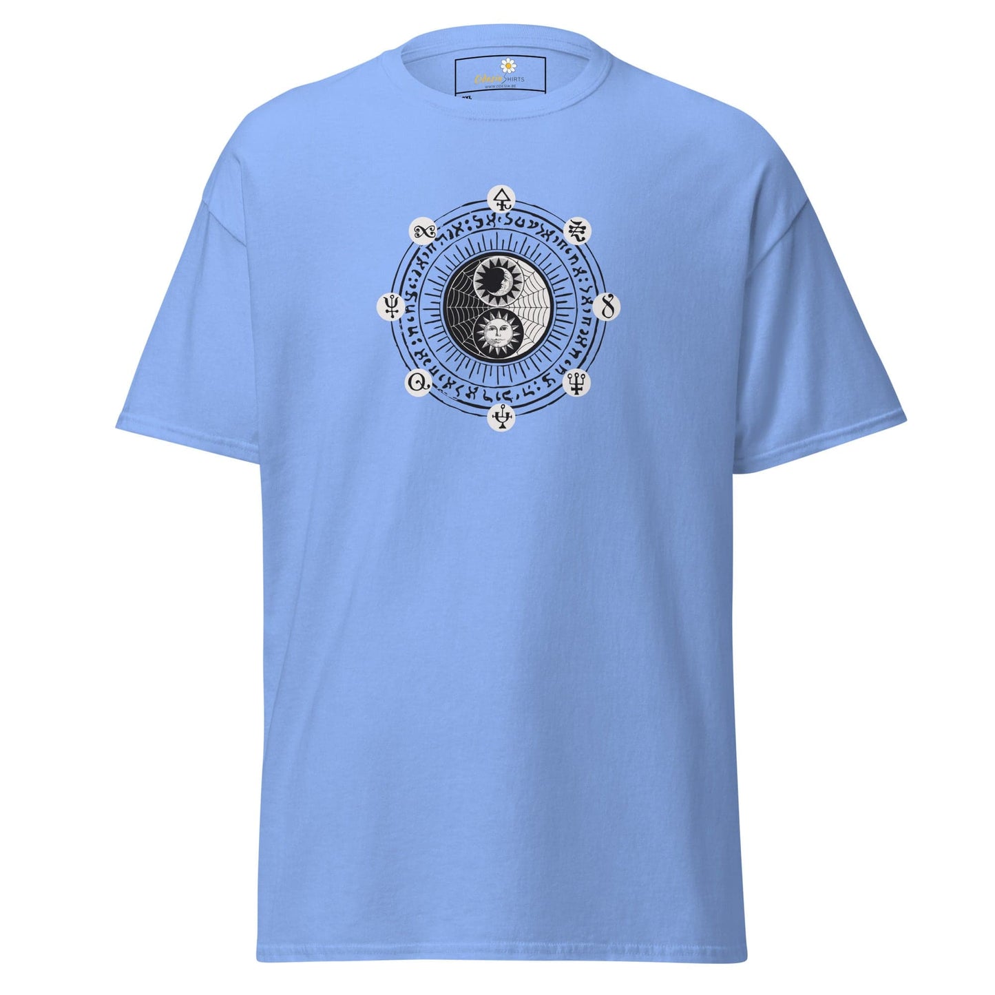 Light blue t-shirt with yin-yang design.