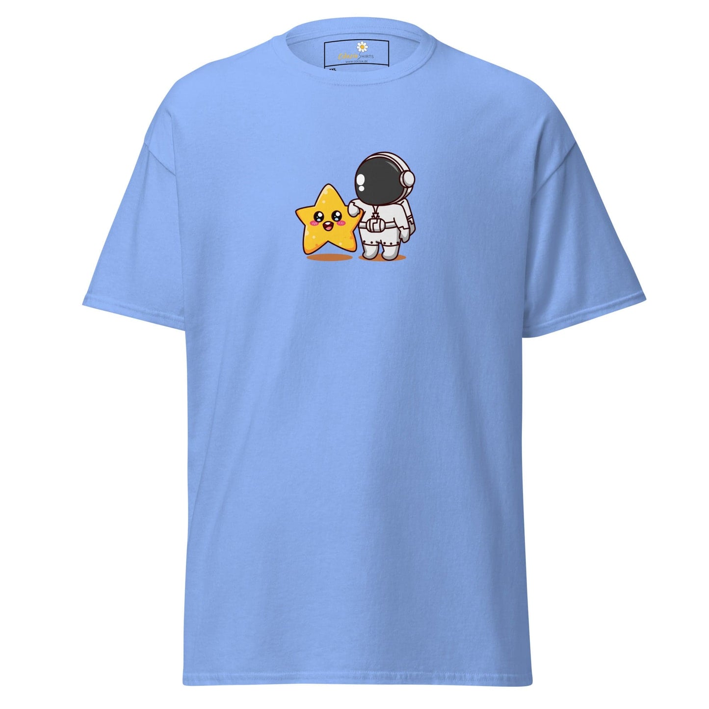 Light blue t-shirt with astronaut and star graphic.