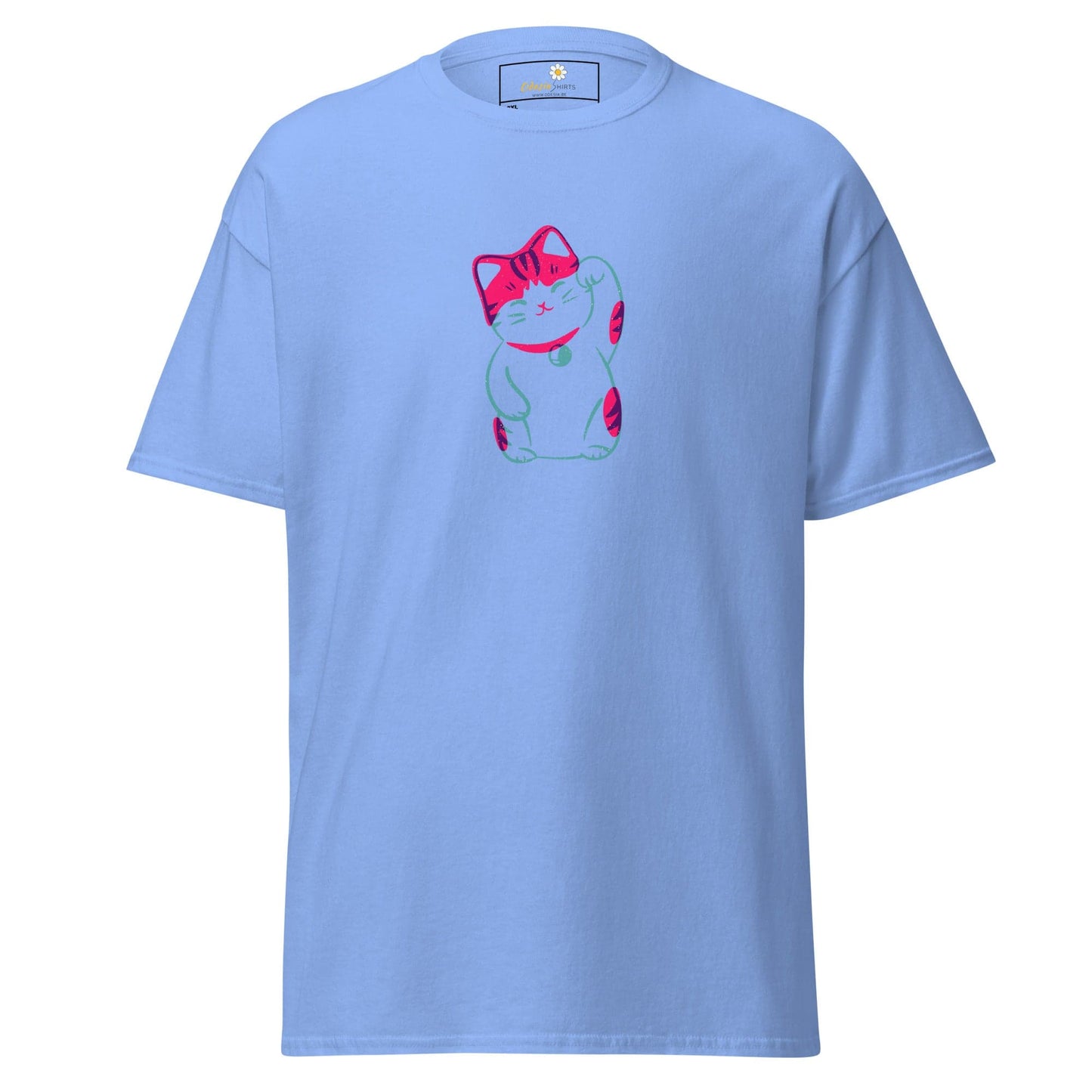 Light blue T-shirt with pink and blue cat design for men and women in 2XL-5XL sizes