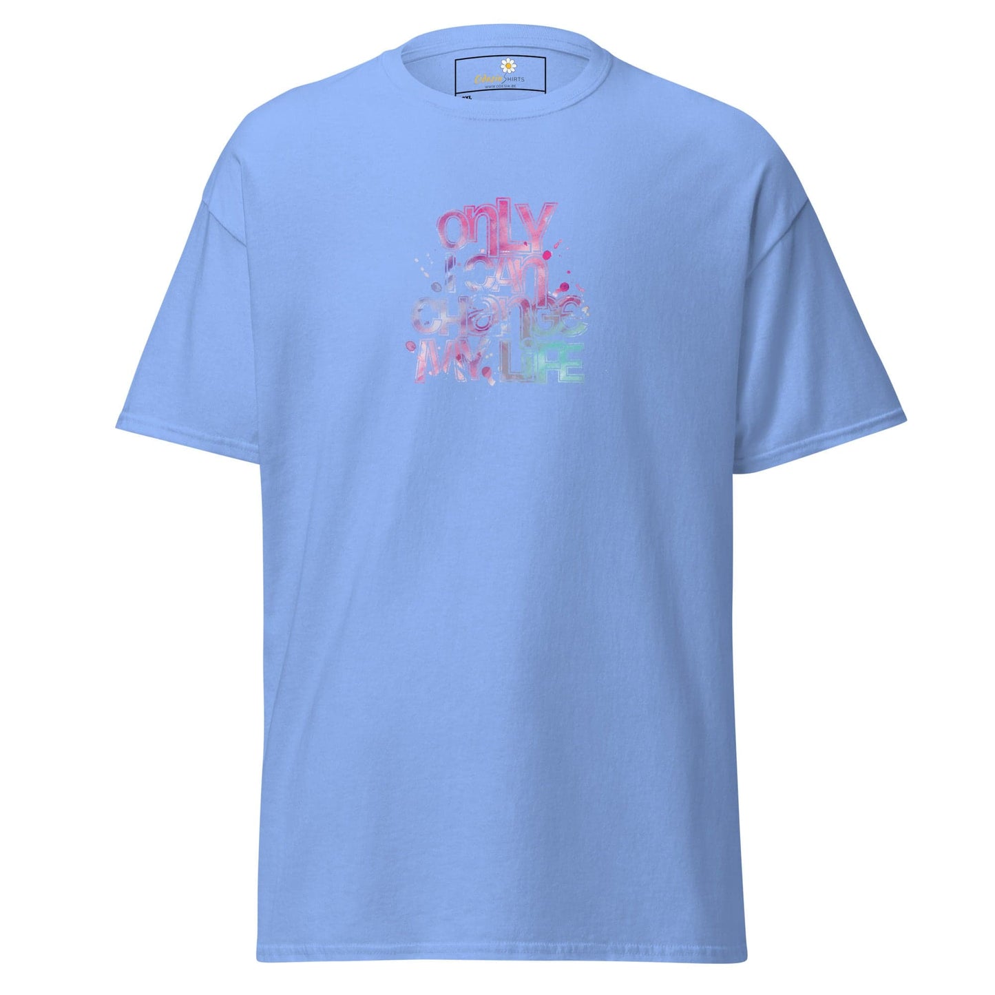Light blue T-shirt with colorful graphic design available in sizes 2XL to 5XL for men and women