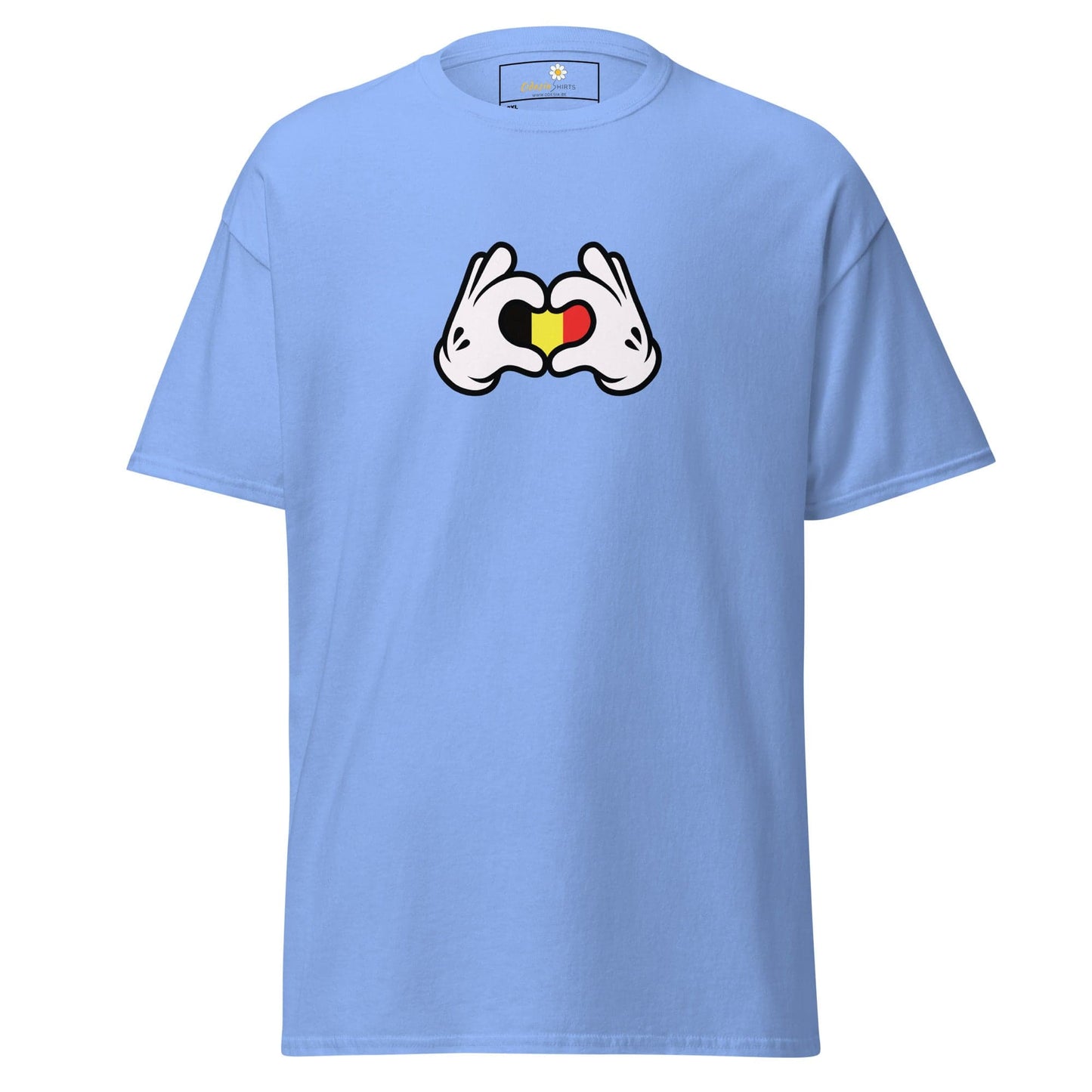 Light blue t-shirt with cartoon hands forming a heart with the colors of the Belgian flag.