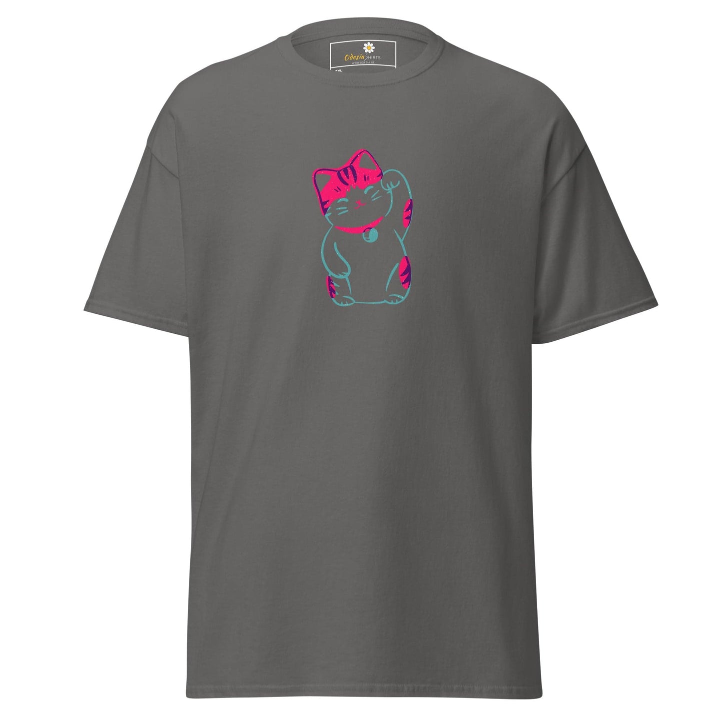Gray t-shirt with neon Maneki Neko design, available in 2XL to 5XL for men and women