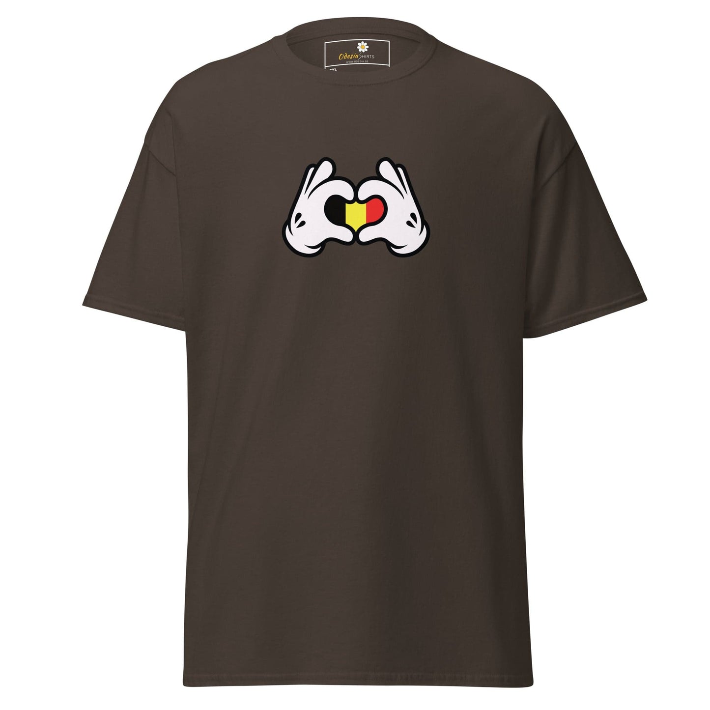 Brown t-shirt with cartoon hands forming a heart with the Belgian flag.