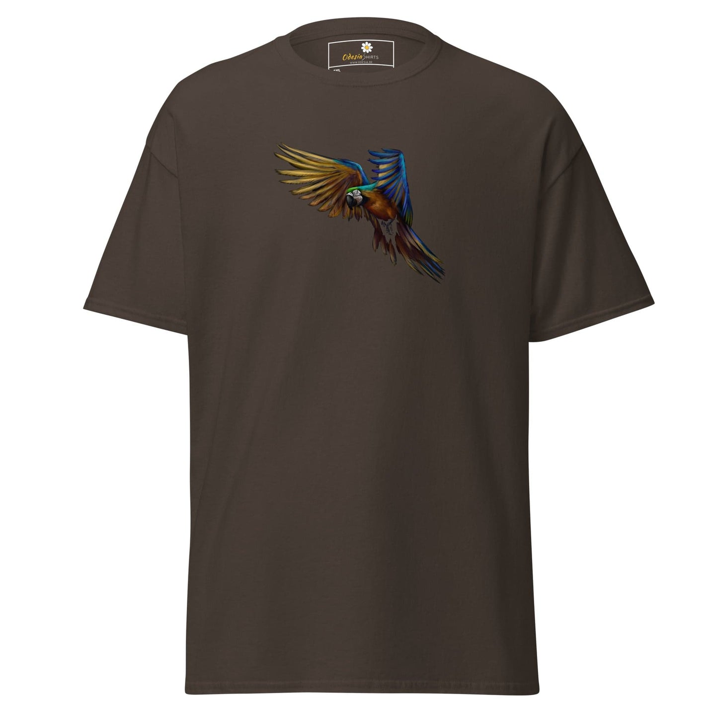 Brown T-shirt with colorful parrot graphic suitable for men and women in 2XL to 5XL sizes