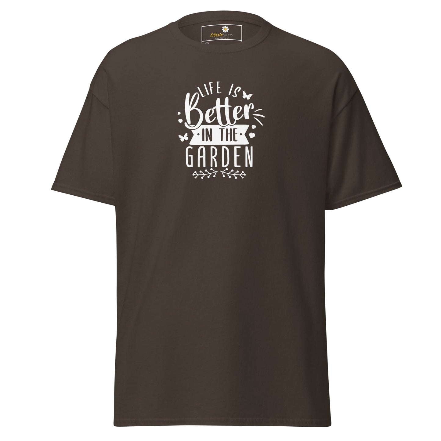 Brown t-shirt with ’Life is better in the garden’ graphic.