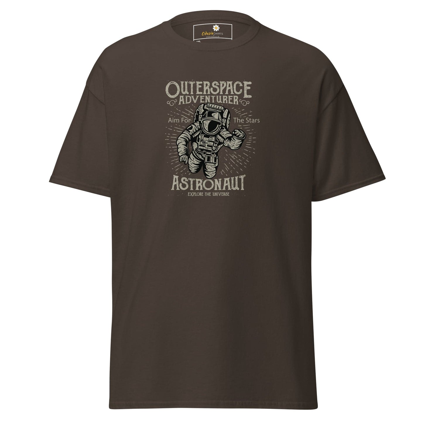 Brown t-shirt with astronaut graphic.
