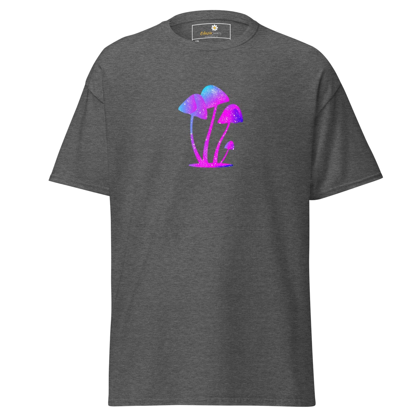 Gray t-shirt with colorful mushroom design.