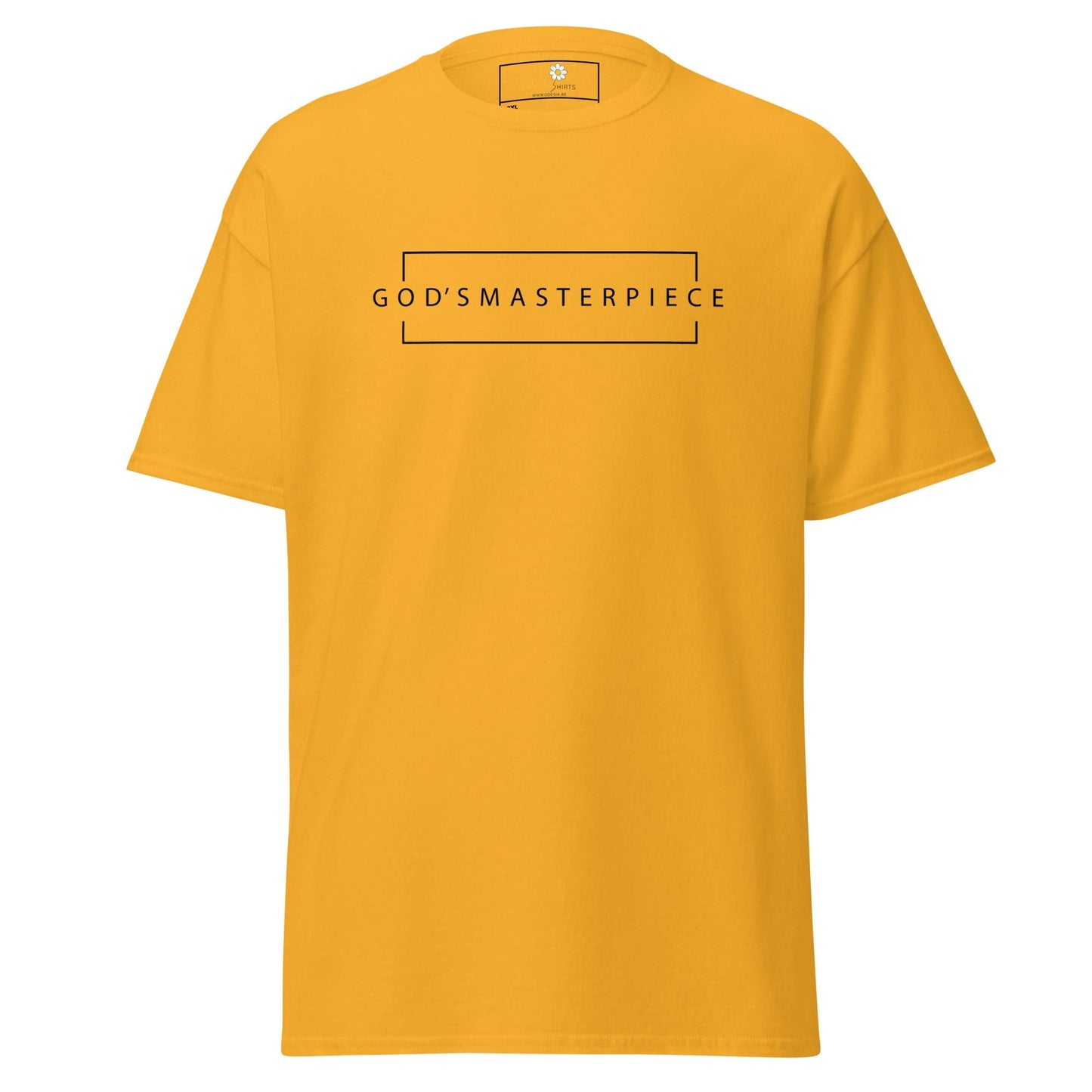 Yellow t-shirt with graphic.