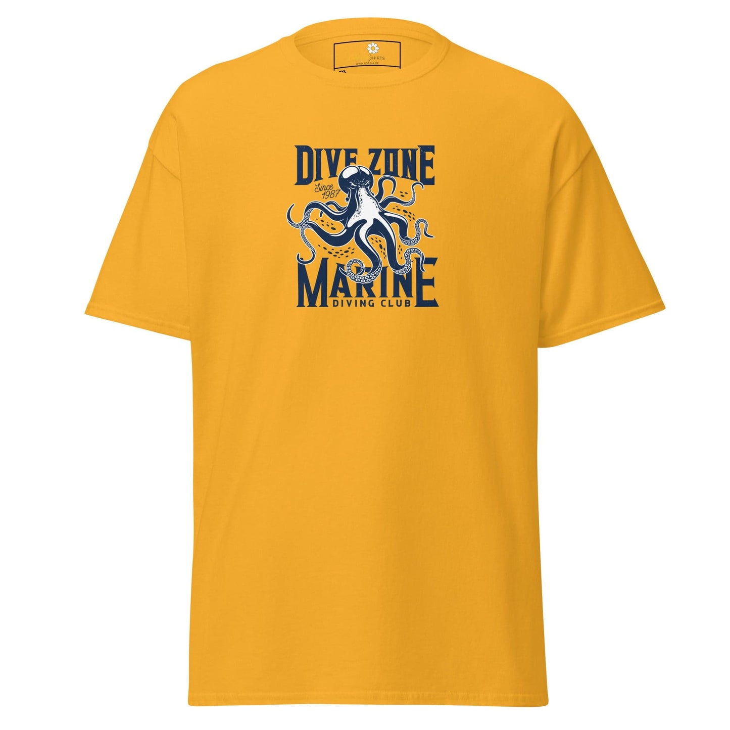 Yellow t-shirt with octopus graphic.