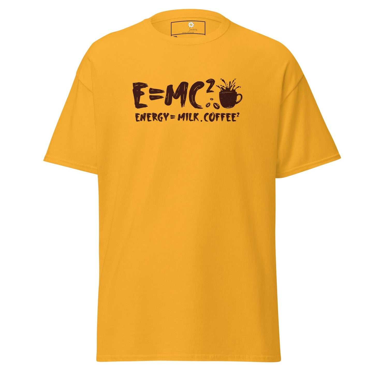 Yellow t-shirt with coffee equation.