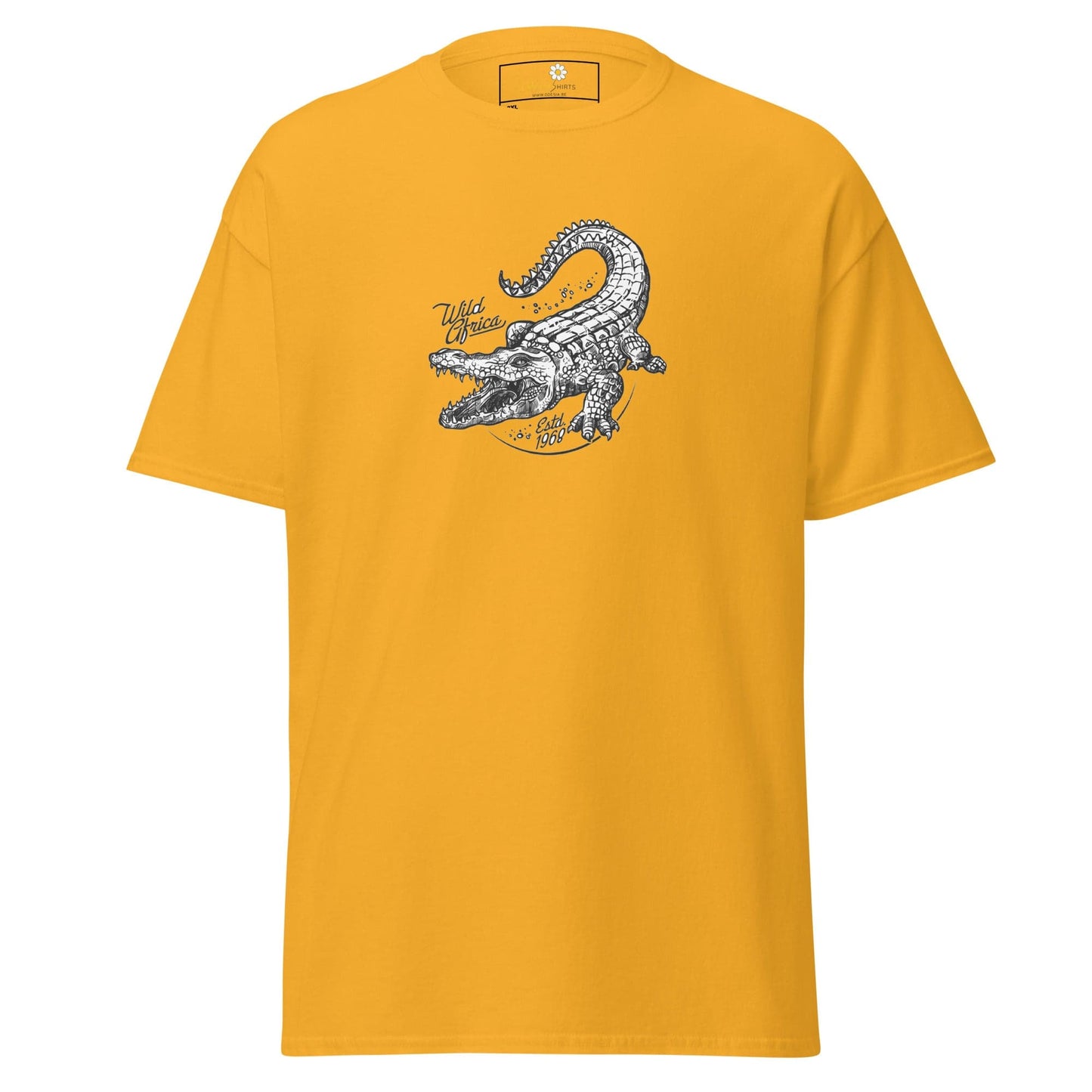 Yellow t-shirt with crocodile graphic.