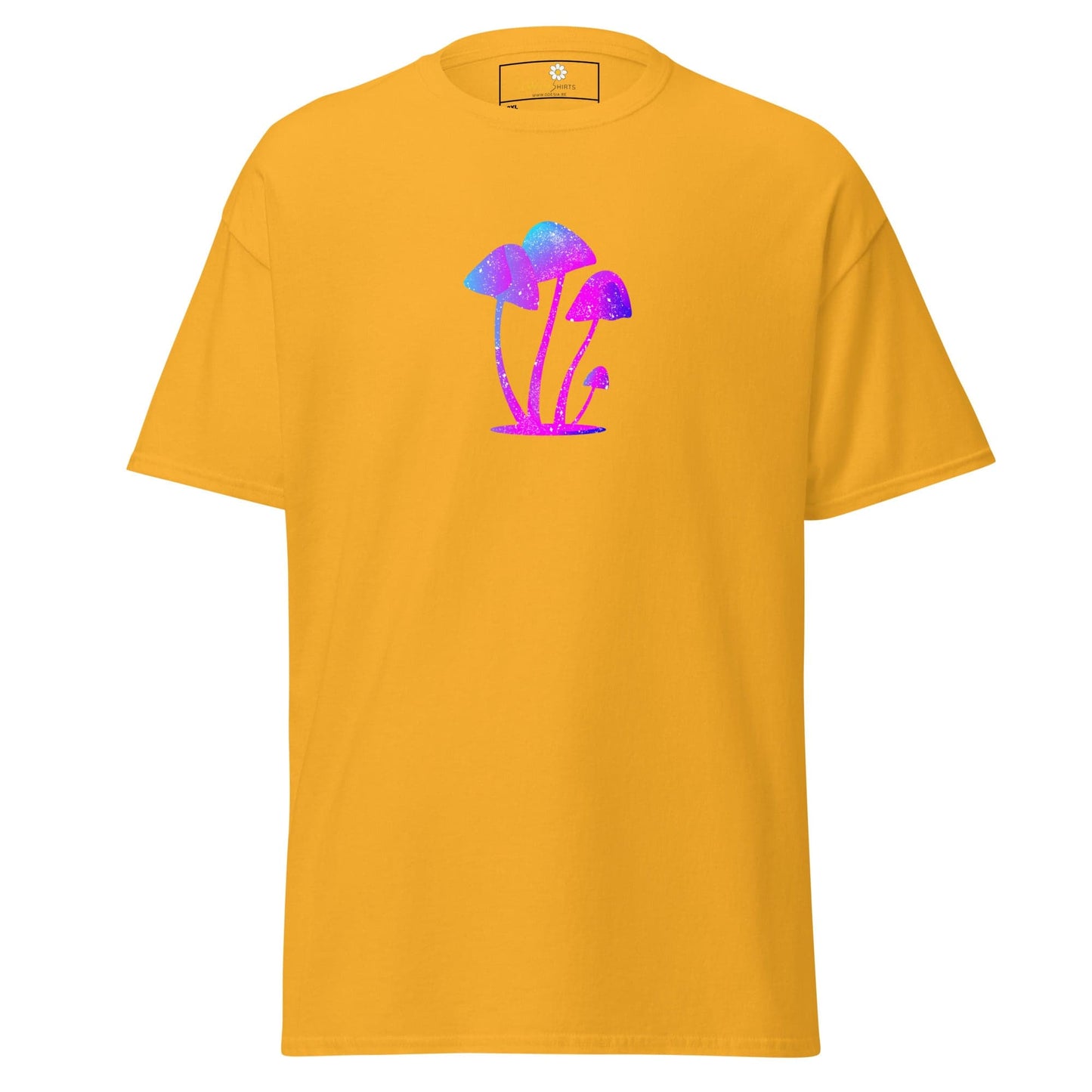 Yellow t-shirt with mushroom graphic.
