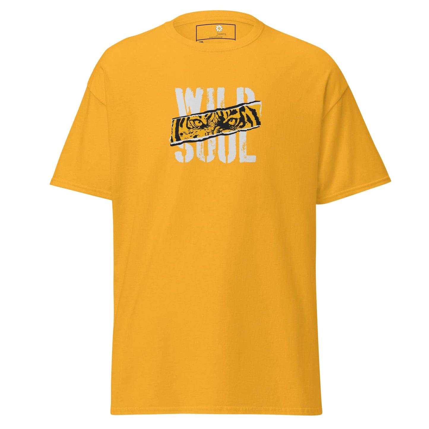 Yellow t-shirt with tiger eyes graphic.