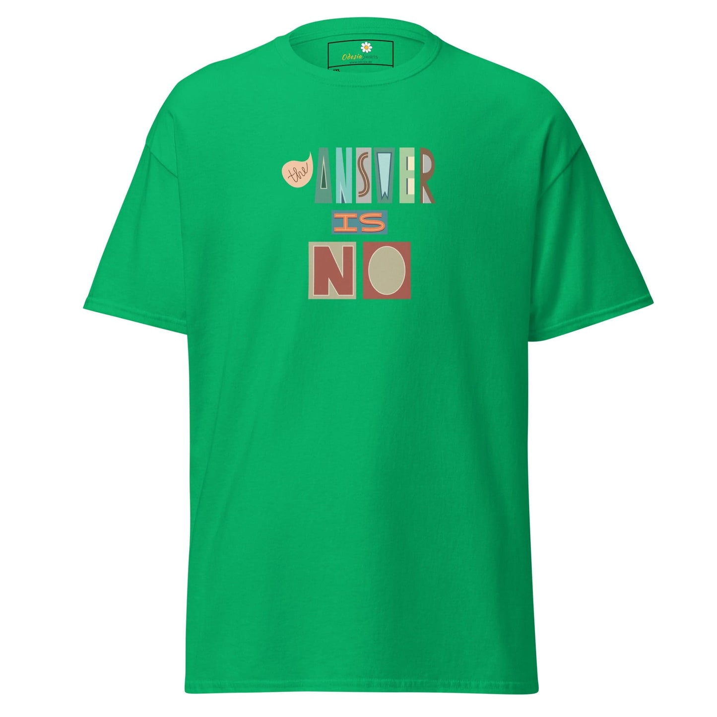 Green t-shirt with graphic.