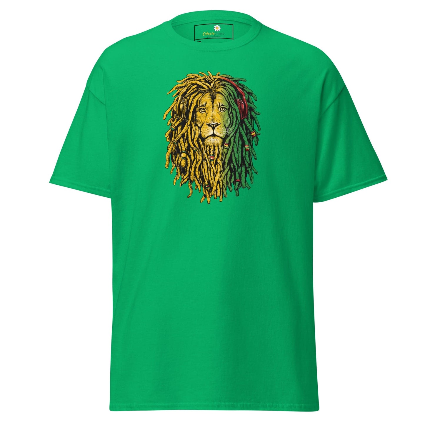 Green t-shirt with lion graphic.