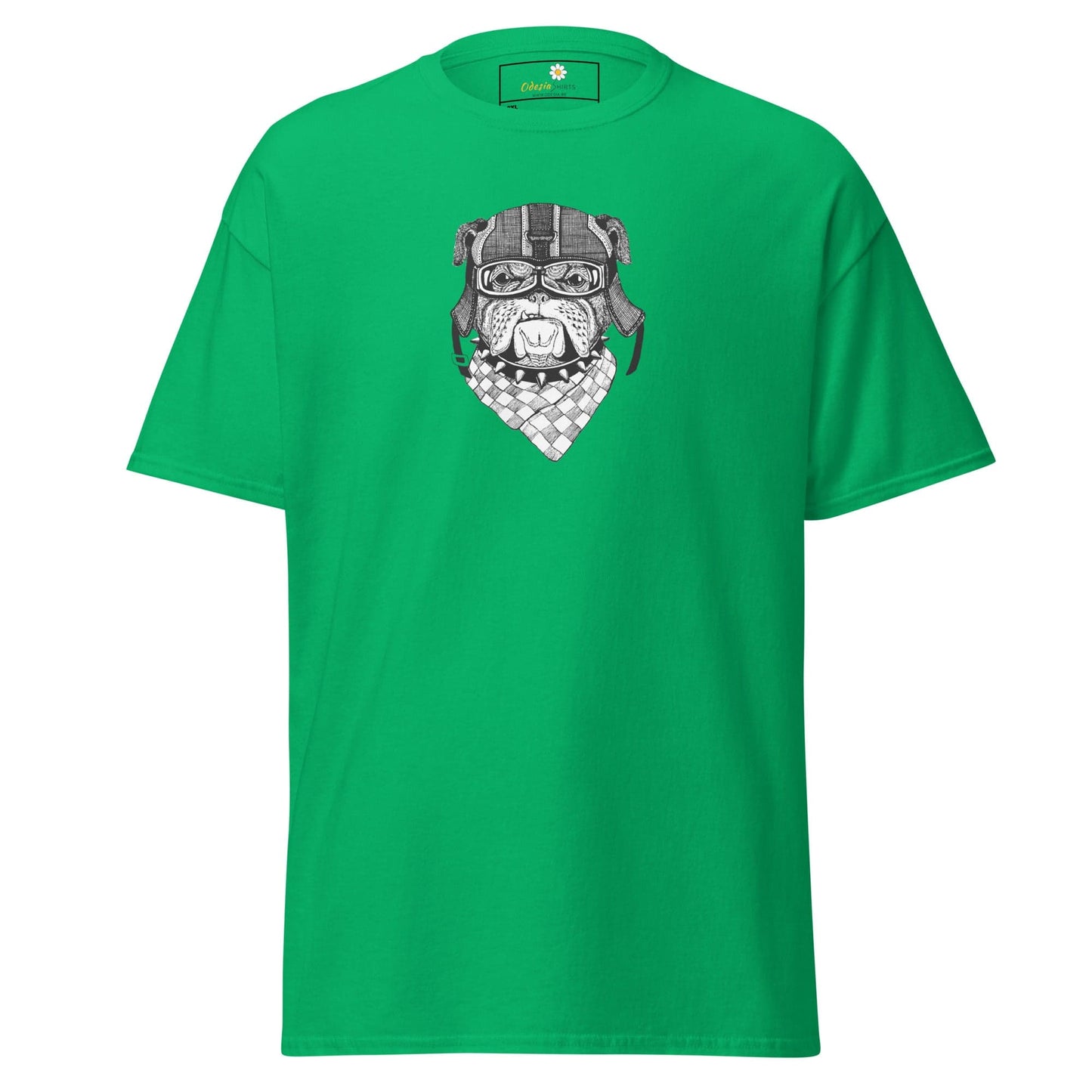 Green T-shirt with bulldog aviator graphic for men and women in 2XL to 5XL sizes