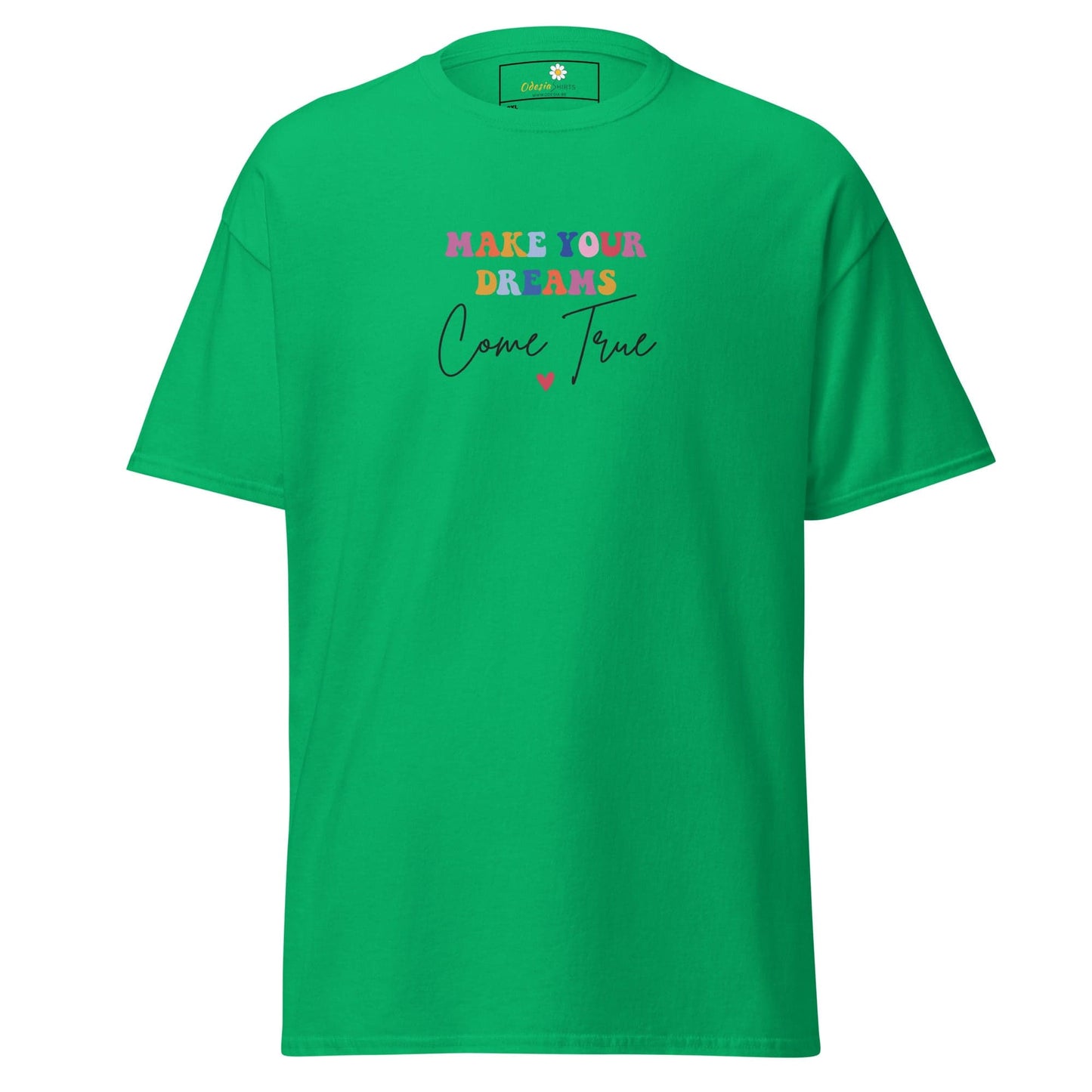 Green t-shirt with colorful text.