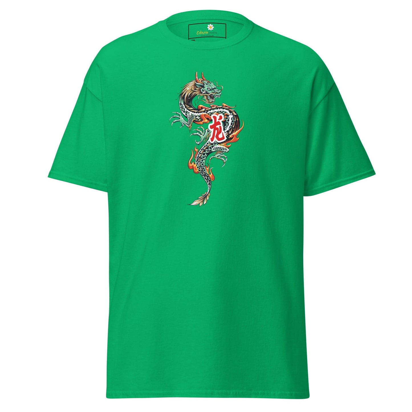 Green t-shirt with dragon design.