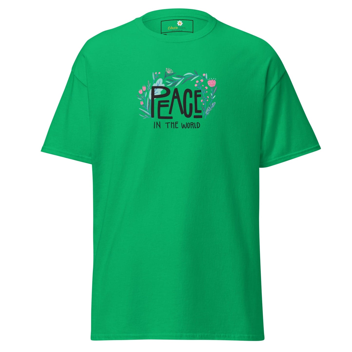 Green T-shirt with Peace in the World graphic, suitable for Men and Women, sizes 2XL to 5XL
