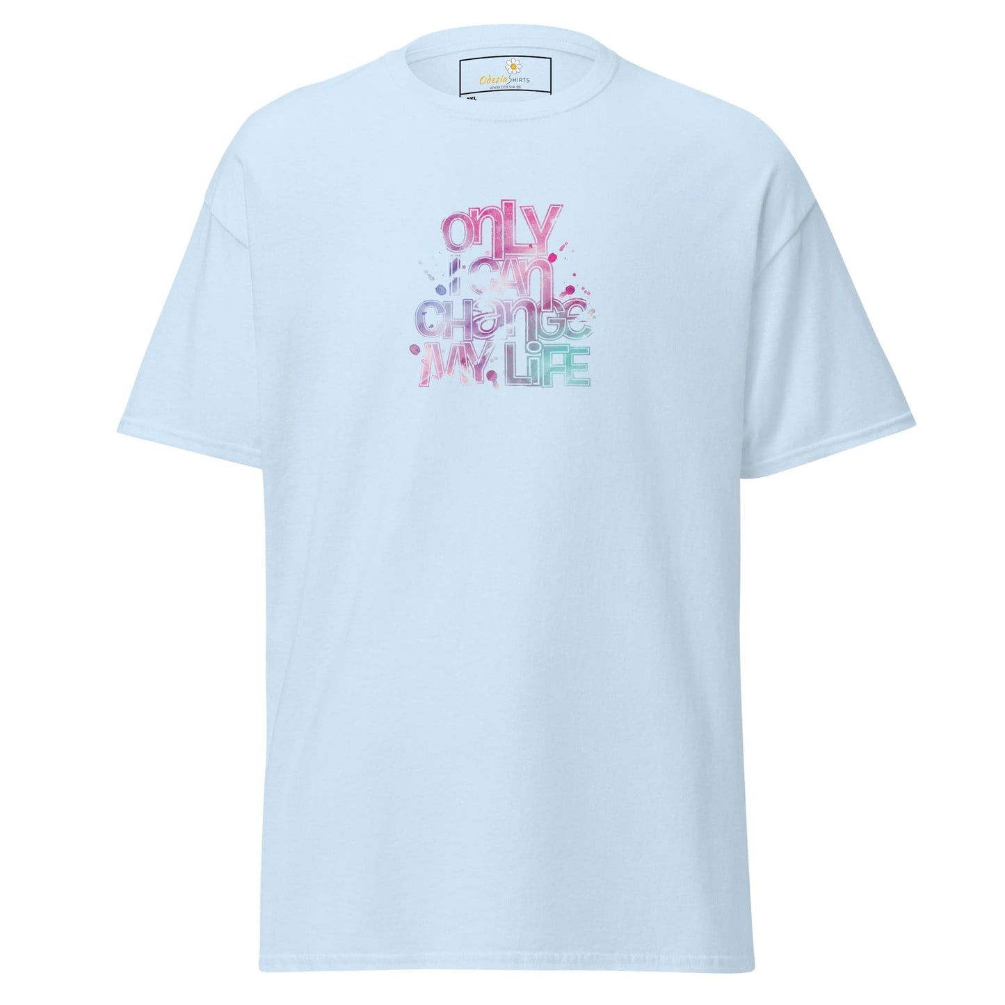 Light blue T-shirt with colorful text displayed in T-SHIRT DESIGN TEE for Men and Women